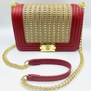 Chic Trendy red sparkly clear rhinestone studded shoulder gold-tone chain bag